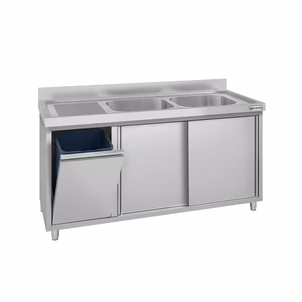 Commercial Sink Cabinet – 1400 × 700 mm – with Waste Bin & Twin Right-Hand Bowls