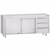 Gesloten RVS werktafel KOPENHAGEN ECO - 2000x600mm - met schuifdeuren, 3 laden rechts