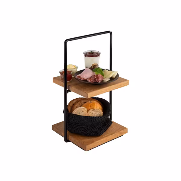 2-Tier Afternoon Tea Stand - PERFECTO SMALL - Square - Metal Frame - Oak Shelves