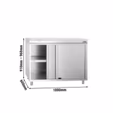 Tavolo armadiato in acciaio inox PREMIUM - 1000x600 mm - con porta scorrevole senza alzatina incl. tagliere bianco
