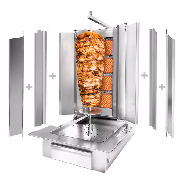 Gas Gyros-/ Dönergrill - 4 Brenner - max. 60 kg - inkl. 2 Schutzbleche & 2 Flügeltüren - Für FRA & BEL