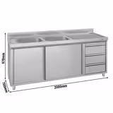 Meuble évier ECO - 2000 x 700 mm - avec 3 tiroirs & 2 bacs à gauche
