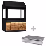 Grill węglowy TORONTO - 1510mm - front drewniany - czarny blat z granitu - szyba ochronna przed ciepłem - Czarny - 3 ruszty - ruszt: 1200x730mm