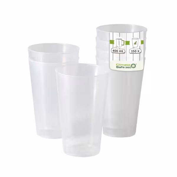 (150 stuks) Herbruikbare drinkbeker - 400ml - Ø 85mm - met vulstreep; herbruikbaar; recyclebaar; stapelbaar; vaatwasmachinebestendig - transparant