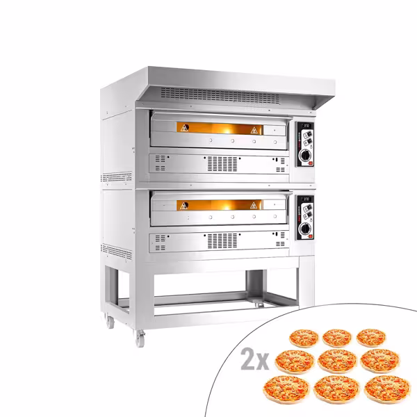 Gas pizzaoven (chamotte bakvloer) - 1450x1800x1960mm - 2 kamers - 2x9 pizza’s Ø33cm - tot 370°C - Handmatig - incl. afzuigkap & onderstel