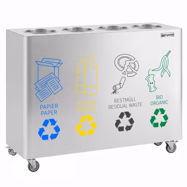 Waste sorting system – 4 bins, 30 litres each – stainless steel – with 4 castors