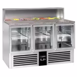 Saladette de Pizzas PREMIUM - 1368mm - 402L - frente preta - 3 portas de vidro - com encaixe para 7x GN 1/6 & Tampa em aço inox - bancada em granito preto