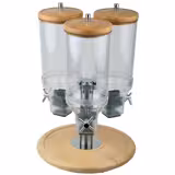 Dispenser per cereali - Linea ROTATION - triplo - base girevole - dosatore a manopola - 3 contenitori in policarbonato - 3x 4,5 litri - supporto in legno
