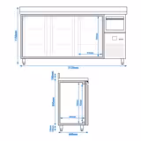 Bar & Dranken koelwerkbank PREMIUM - 2130x600mm - met 3 glazen deuren, achterwand & uitklopbak voor koffie
