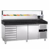 Commercial Pizza Prep Counter - Granite Top PREMIUM - 2025x800mm - with 2 doors & 7 drawers - incl. refrigerated topping unit with glass sneeze guard LED - 10x GN 1/4