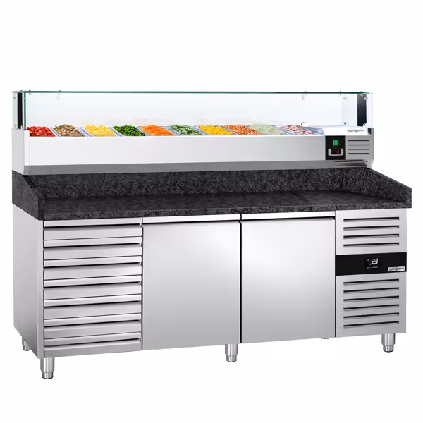 طاولة تحضير بيتزا مبردة PREMIUM - 2000x800 mm - مع بابان - سطح عمل جرانيت - شامل وحدة تبريد علوية مع إضاءة LED - 10x GN 1/4