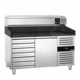 Table réfrigérée à pizza PREMIUM - 1500 x 800 mm - avec 1 porte et 7 tiroirs - incl. vitrine réfrigérée - 7 x GN 1/4