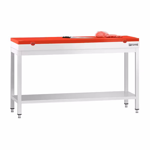 Commercial Stainless Steel Centre Table PREMIUM - 1500x600mm - with Undershelf - with 2 Undershelves - with Red Chopping Board