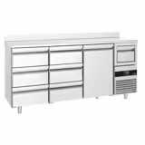 Stół barowy chłodniczy do napojów PREMIUM - 2135x600x1150mm - 570L - z 1 drzwi, 6 szuflad, blat z tylną listwą (naścienną), wybijak do fusów kawowych, termostat cyfrowy, automatyczne odszranianie, chłodzenie wymuszone obiegiem powietrza, regulowane nóżki