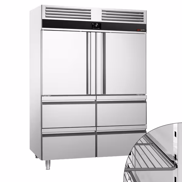 ثلاجة عمودية ستانلس ستيل PREMIUM - GN 2/1 - 1400 L - حتى -2…+8 °C - مع بابان - تبريد هوائي، أبواب ذاتية الإغلاق