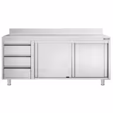 Mesa armario inox PREMIUM - 2000x600mm - con 3 cajones izquierda & con peto - con estante intermedio