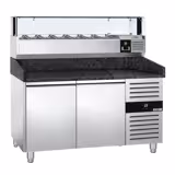 Commercial Pizza Prep Counter - Granite Top PREMIUM - 1500x800mm - with 2 doors - incl. refrigerated topping unit with glass sneeze guard LED - 7x GN 1/4