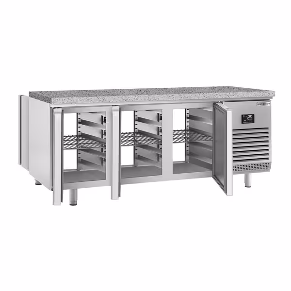Mesa fria de pastelaria PREMIUM PLUS - 2185x800mm - 610L - 6 portas - GN 2/3 - tampo em granito - 0 a +6°C - frio ventilado