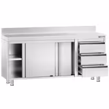 Rozsdamentes acél munkaszekrény PREMIUM - 1800x700 mm - tolóajtós, 3 fiókos – jobb oldali fiókblokk, 2 ajtós – hátsó felhajtással