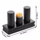 Salt and Pepper Cruet Set and Stand - 3-piece - salt & pepper; toothpicks - Stainless steel stand - Height: 200mm - Glass & Stainless steel - Black