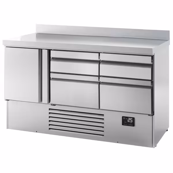 Hűtött munkaasztal PREMIUM PLUS - 1460x700 mm - GN 1/1 - 355 liter - ventilációs - 1 ajtóval - 4 fiókkal - felhajtással