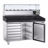 Table réfrigérée à pizza PREMIUM - 1500 x 800 mm - avec 1 porte et 7 tiroirs - incl. vitrine réfrigérée - 7 x GN 1/4