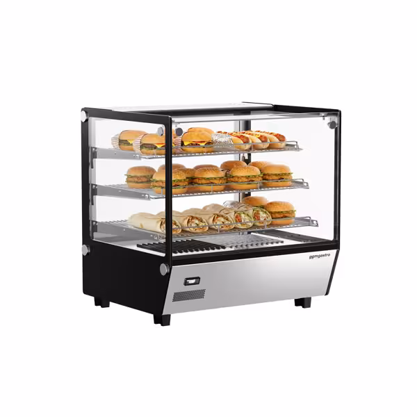 Vitrina expositora caliente de sobremostrador - 702mm - 1,10kW - 120L - con 3 estantes - con iluminación LED