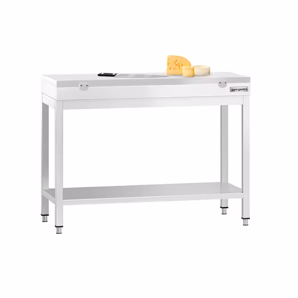 Table de travail en inox PREMIUM – 1000x600 mm – avec tablette inférieure – avec planche à découper blanche incluse