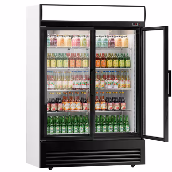 Frigorífico de bebidas Profissional - 1295mm - 880L - portas de vidro & iluminação LED - display digital de temperatura - Preto - faixa de temperatura +2–+8°C