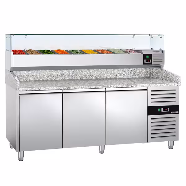 میز یخچالی اکونومی پیتزا - 2000*800 میلیمتر - 3 درب - 9xGN 1/3 - همراه ویترین رومیزی خنک کننده