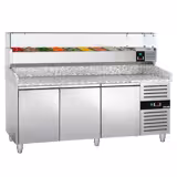Banco pizza refrigerato ECO - 2000x800mm - con 3 porte - piano in granito - con vetrina ingredienti refrigerata superiore - 9x GN 1/3