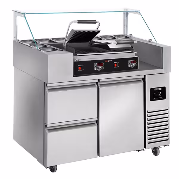 Saladette - 1210x700mm - 1 deur + 2 lades - voor 9x GN 1/6 - incl. contactgrill