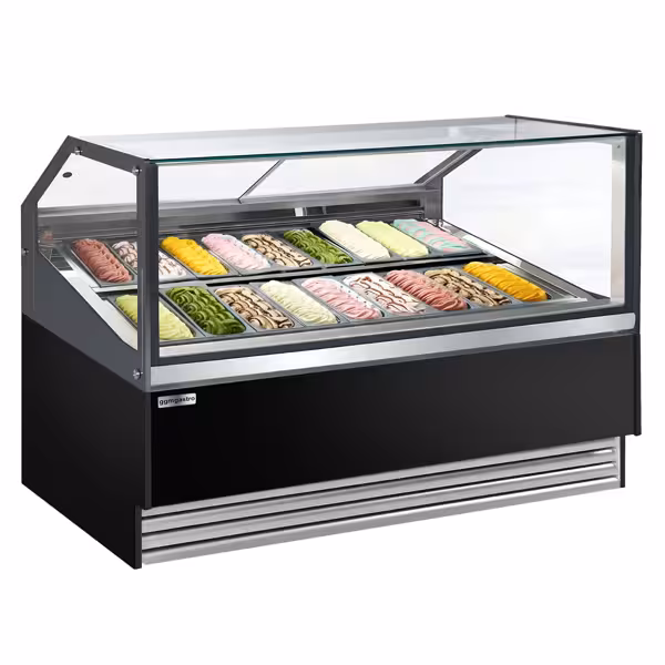 Vitrine à glace THEO – 1730 mm – ventilation par air pulsé – pour 18 bacs de 5 L – Noir
