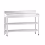 Nerezový pracovní stůl PREMIUM - 1200x600 mm - se spodní policí & se zadním lemem & s mezipolicí & s vyztuženou pracovní deskou