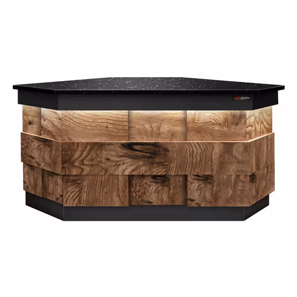 Corner Till Counter TORONTO - 1569mm - Wood-effect front panel - Black granite worktop - Matt black finish - Stainless steel body