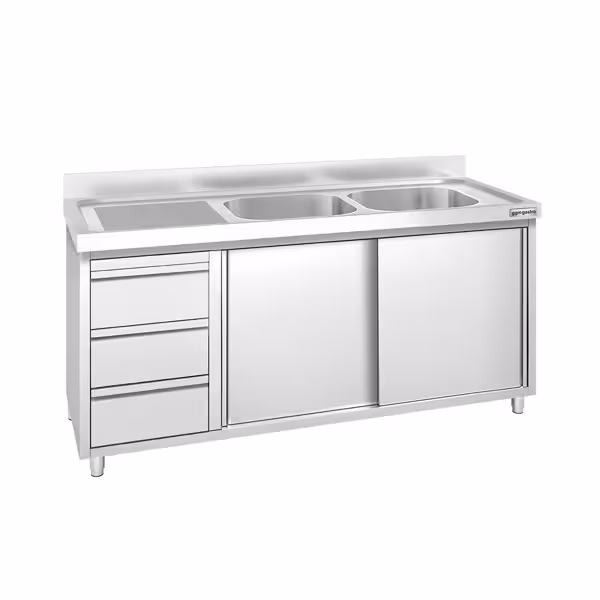 Commercial Sink Cabinet PREMIUM - 1600x700mm - 2 bowls right-hand - 3 drawers