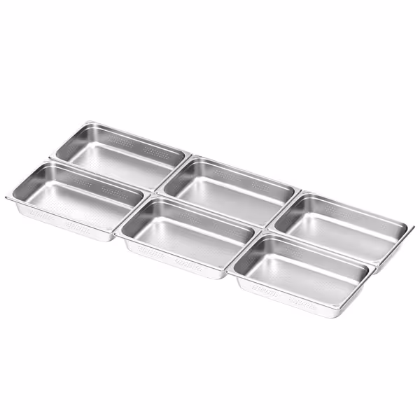 (6 bucăți) Recipiente din oțel inoxidabil GN 1/1 – perforate – înălțime: 100 mm