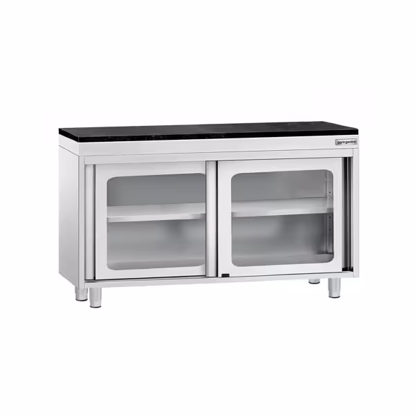 Roestvrijstalen werkkast PREMIUM - 1200 x 600 mm - met glazen schuifdeur - incl. granieten werkblad
