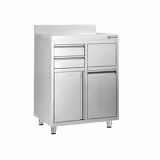 Arbetskåp – för kaffemaskin – 800x600 mm – med 2 lådor, 1 dörr, sopkorg & uppkantning