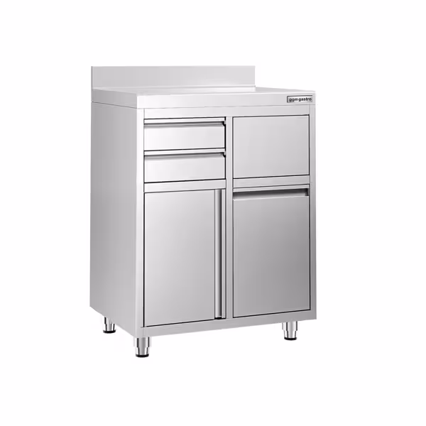 Armario de trabajo - para máquina de café - 800x600mm - con aldaba, 2 cajones, 1 puerta, cubo de basura y soporte superior