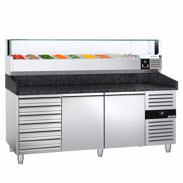 Pizzawerkbank PREMIUM - 2025x800mm - met granieten werkblad - met 2 deuren & 7 laden - incl. glasvitrine LED - 9x GN 1/3