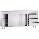 Inox (AISI 304) Radni stol zatvoreni PREMIUM - 1800 x 600 x 870 mm - s kliznim vratima - 3 ladica desno