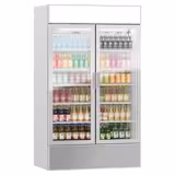 (4 pcs) Commercial Upright Glass Door Display Fridge with Illuminated Canopy - 4800mm - 4800 Litres - with 8 hinged glass doors - LED lighting - Grey - Temperature range 1 to 10 °C
