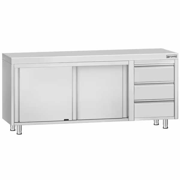 Table armoire en acier inoxydable ECO - 2000x700mm - avec 3 tiroirs à droite et portes coulissantes