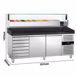 Table réfrigérée à pizza PREMIUM - 2000x800 mm - avec 2 portes & 7 tiroirs - incl. vitrine réfrigérée LED - 9x GN 1/3