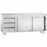 Inox (AISI 304) Radni stol zatvoreni PREMIUM - 2000 x 700 x 870 mm - s kliznim vratima, 3 ladica lijevo