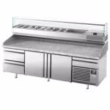Commercial Pizza Prep Counter - Granite Top PREMIUM PLUS - 3305x800mm - with 3 doors & 3 drawers - incl. refrigerated topping unit with glass sneeze guard - 10x GN 1/3