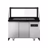 Saladette TORONTO - 1250mm - rivestimento frontale in legno - 2 porte - con vetrina in vetro dritto per 3x GN 1/1, 1 ripiano - piano di lavoro in granito nero