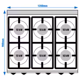 Gas Hob - 60kW - 6 burners - with open base shelf - Heavy Duty - High-Output Model