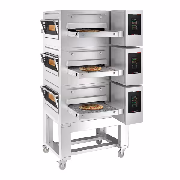 (3 pcs) Gas Conveyor Pizza Oven - 1550x2000mm (61.0"x78.7") - 230V Single Phase - Touchscreen Controls - Belt width: 650mm (25.6") - up to 350°C - incl. Base frame - with Wheels